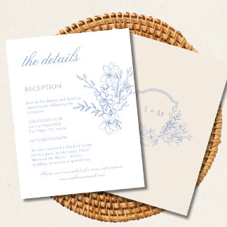 Blue Monogrammed Crest Floral Wedding Details Enclosure Card
