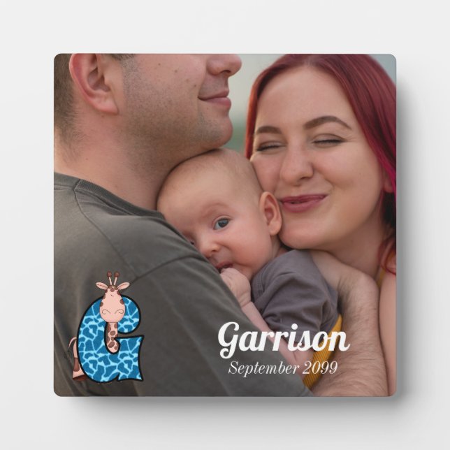 Blue Monogrammed G with Giraffe Baby's Photo Plaque (Front)