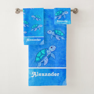 Blue Monogrammed Name under the sea Turtle  Bath Towel Set
