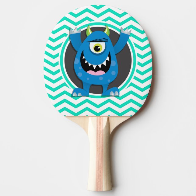 Blue Monster; Aqua Green Chevron Ping Pong Paddle (Front)