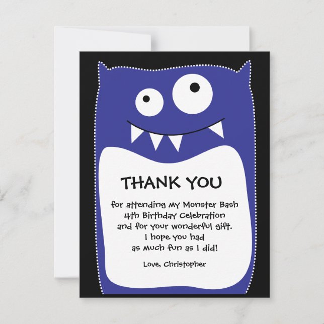 Blue Monster Bash Thank You Card (Flat) (Front)