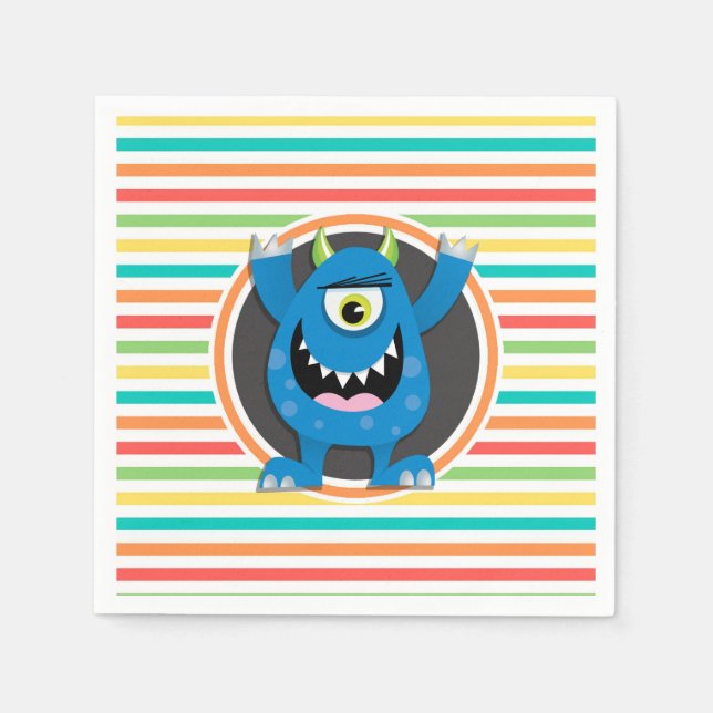 Blue Monster; Bright Rainbow Stripes Napkin (Front)