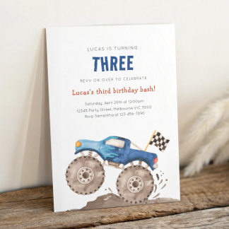 Blue Monster Truck Any Age Birthday Invitation