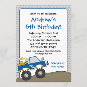 Blue Monster Truck Birthday Invitations