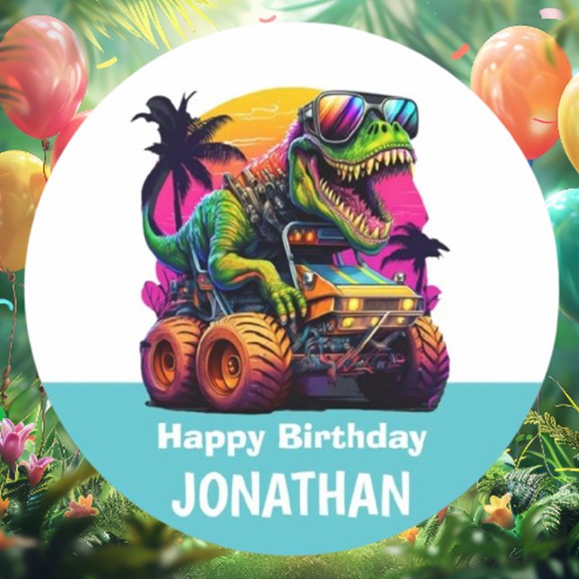 BLUE MONSTER TRUCK DINOSAUR Birthday Party Classic Round Sticker (we have everything you need for an epic dinosaur celebration. )