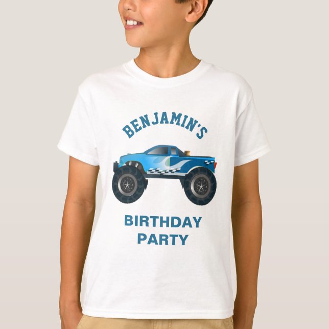 Blue Monster Truck Kids Birthday Party T-Shirt (Front)
