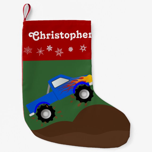 Blue Monster Truck Personalised Small Christmas Stocking (Front)