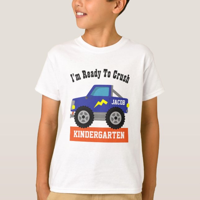 Blue Monster Truck Ready To Crush Kindergarten Boy T-Shirt (Front)
