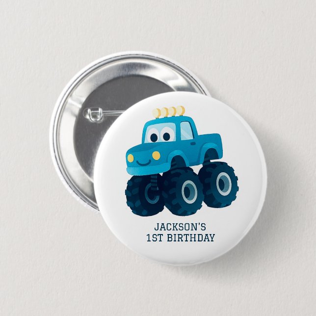 Blue Monster Truck Smash and Crash Birthday  6 Cm Round Badge (Front & Back)
