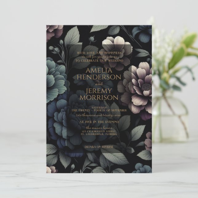 Blue Moody Floral with QR Code Invitation (Standing Front)