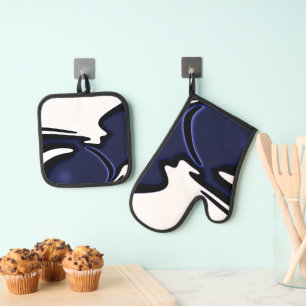 Blue Moon: Abstract Blue, White & Black Oven Mitt & Pot Holder Set