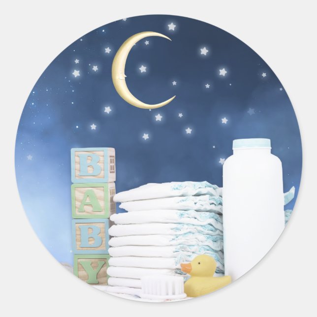Blue Moon and Stars Baby Shower Classic Round Sticker (Front)