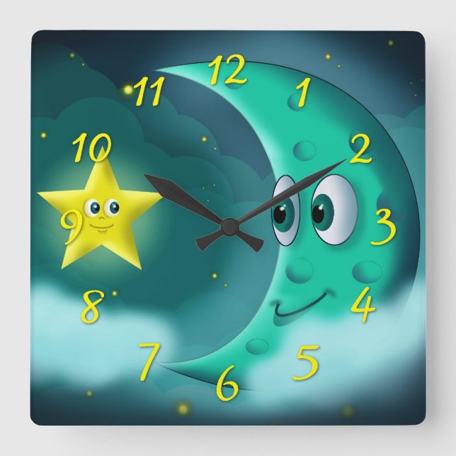 Blue Moon and Yellow Star Square Wall Clock (Front)