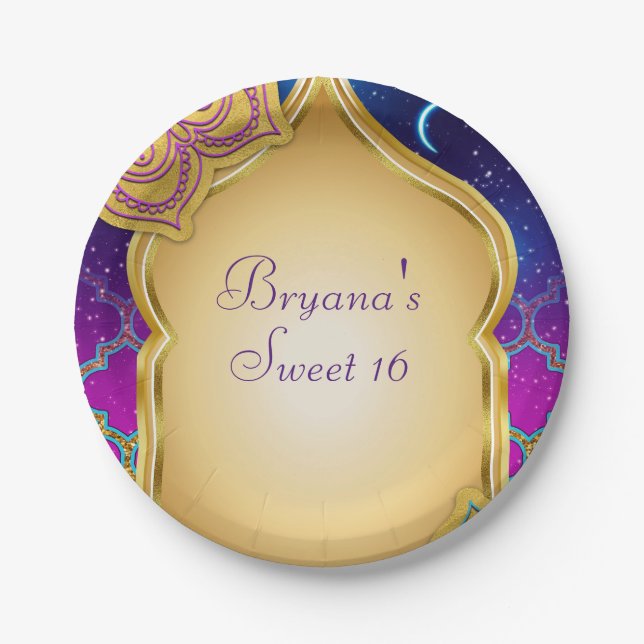 Blue Moon Arabian Nights Glam Gold Purple Party Paper Plate (Front)