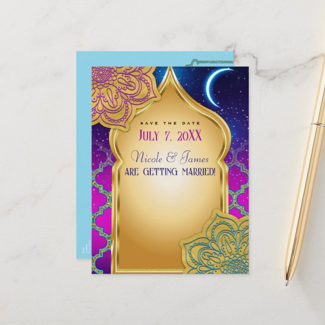 Blue Moon Arabian Nights Glam Gold Save The Date Announcement Postcard (Front/Back In Situ)