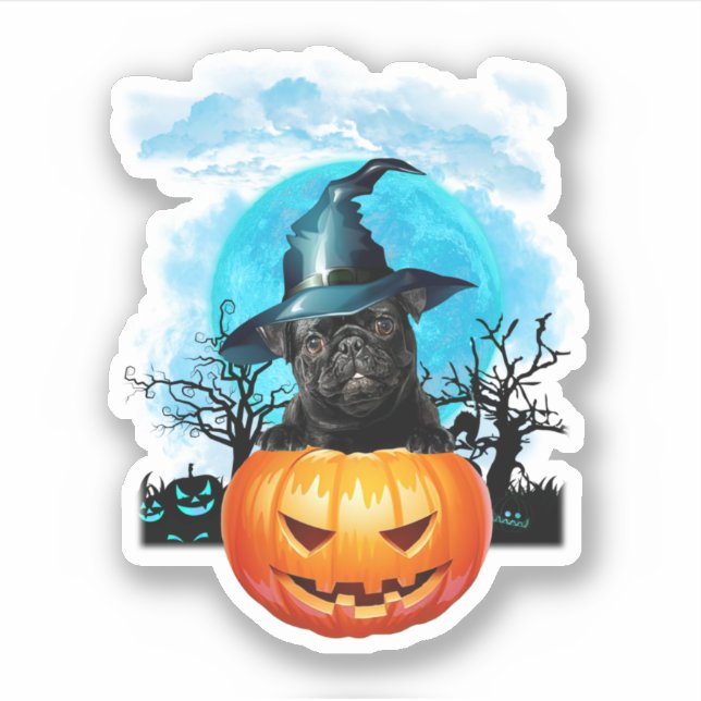 Blue Moon Black Pug Witch Pumpkin Halloween (Front)