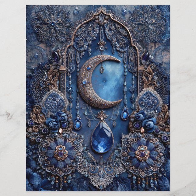 Blue Moon Charm Junk Journal Scrapbook Paper (Front)
