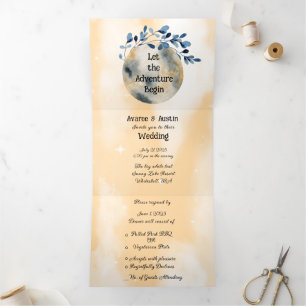Blue Moon Floral Wedding Tri-Fold Invitation