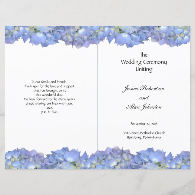 Blue Moon Folded Hydrangea Wedding Program (Front)