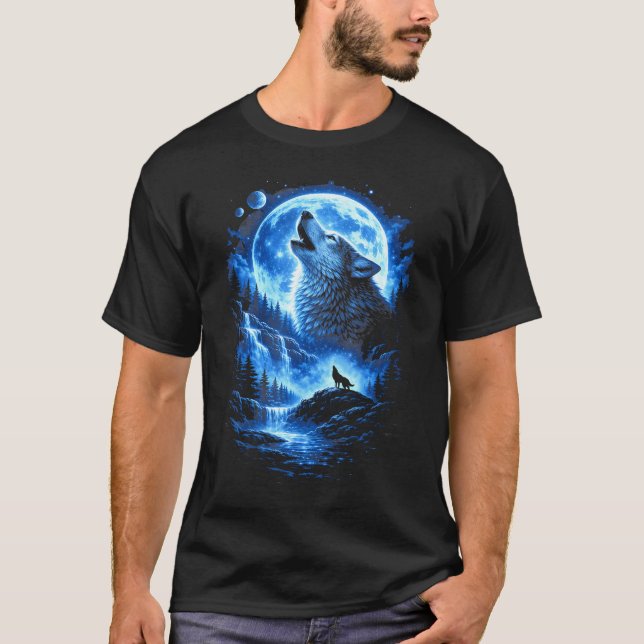 Blue Moon Howling Wolf Forest Waterfall Night Sky T-Shirt (Front)