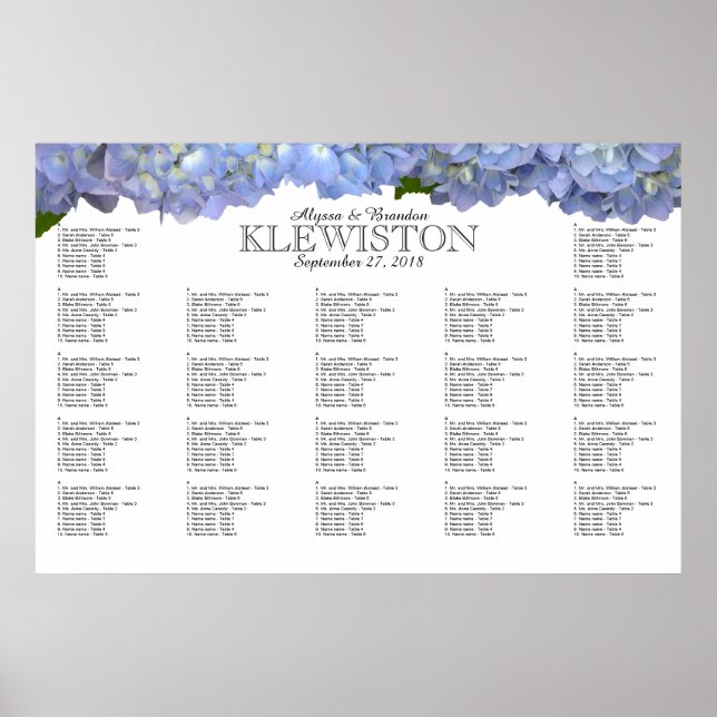 Blue Moon Hydrangea Wedding Seating Chart (Front)