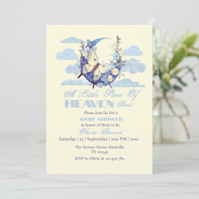 Blue Moon Little Piece of Heaven Sent Baby shower Invitation (Standing Front)