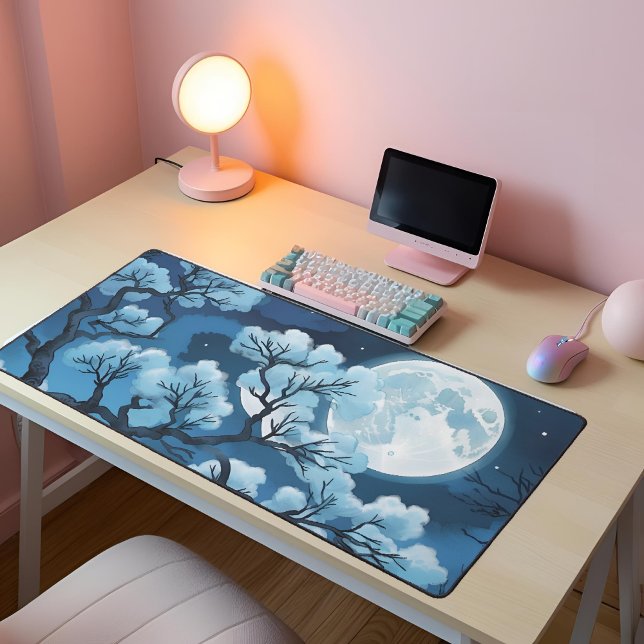 Blue moon night Aesthetic Black & Blue Anime  Desk Mat (Creator Uploaded)