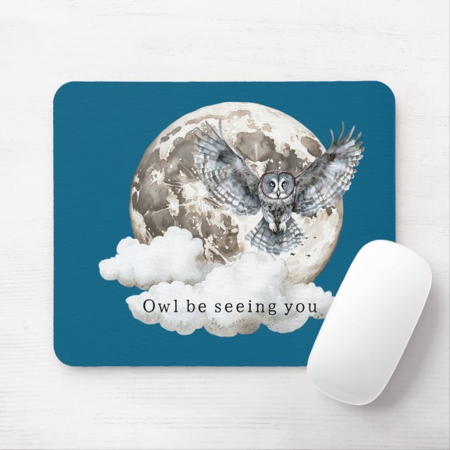 Blue Moon Owl Be Seeing You Mouse Mat (With Mouse)