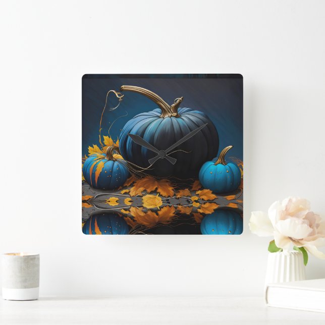 Blue Moon Pumpkins Autumn Leaves Square Wall Clock (Home)