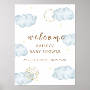 Blue Moon Star Cloud Boy Baby Shower Welcome  Poster
