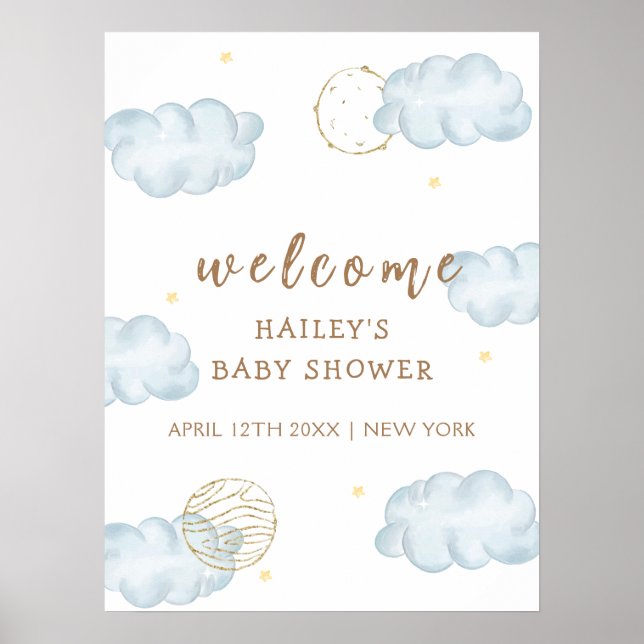 Blue Moon Star Cloud Boy Baby Shower Welcome  Poster (Front)