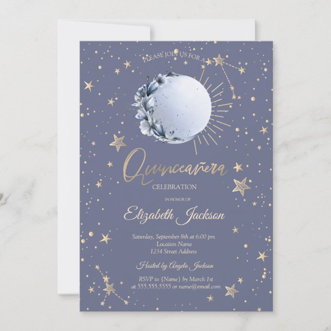 Blue Moon,Stars Flower Pastel Quinceanera Invitation (Front)