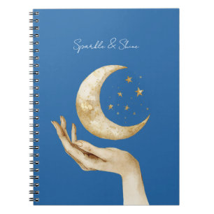 Blue Moon Stars Hand Gold Notebook