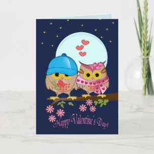 Blue moon Valentine owls & custom text Holiday Card