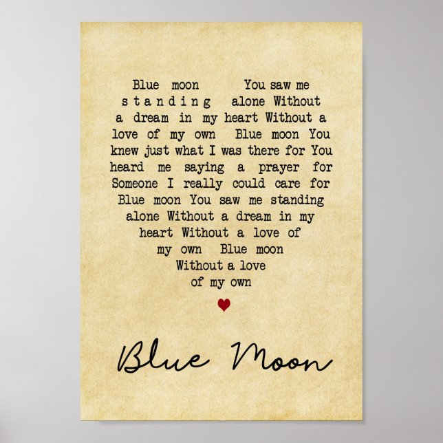 Blue Moon Vintage Heart Song Lyric Wall Art Print (Front)