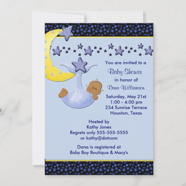 Blue Moon  Yellow Stars Ethnic Boy Shower Invitation (Front)