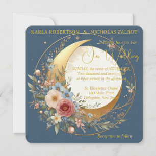 Blue Moonflower Floral Rounded Wedding Invitation