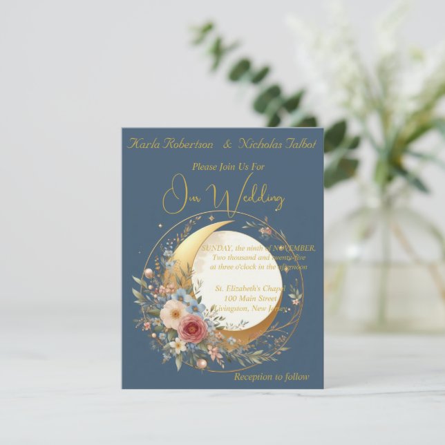 Blue Moonflower Floral Wedding Invitation (Standing Front)