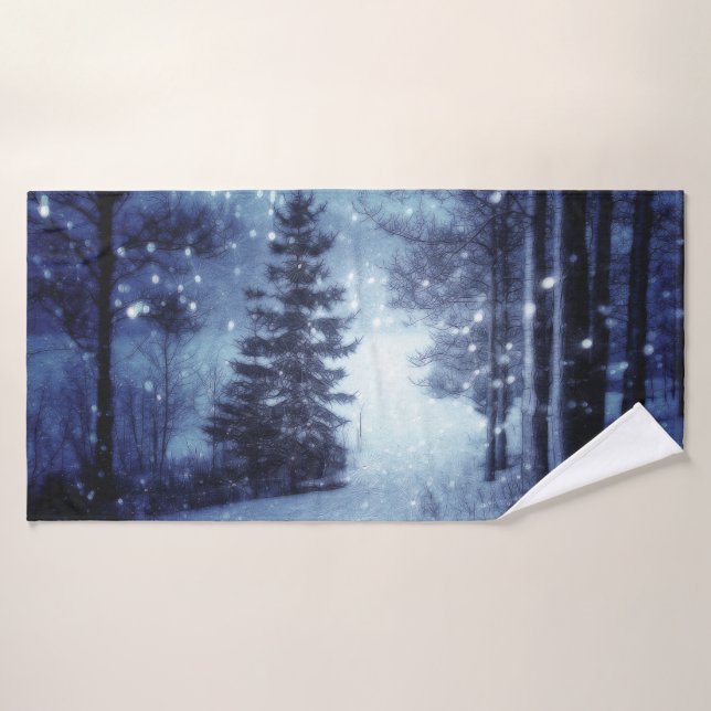 Blue Moonlit Magical Forest Winter Scene Bath Towel Set (Bath Towel)