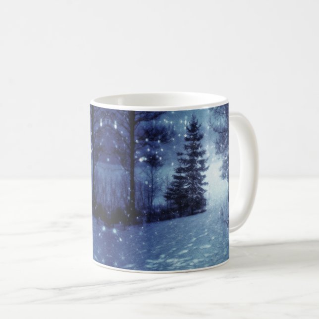 Blue Moonlit Magical Forest Winter Scene Coffee Mug (Front Right)