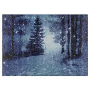 Blue Moonlit Magical Forest Winter Scene Cutting Board