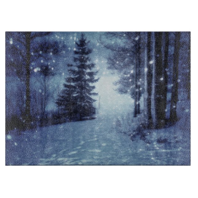Blue Moonlit Magical Forest Winter Scene Cutting Board (Front)