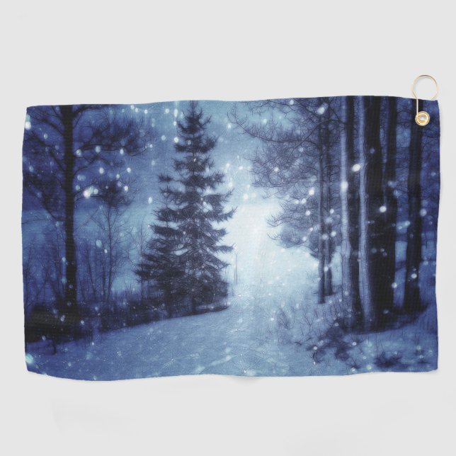 Blue Moonlit Magical Forest Winter Scene Golf Towel (Horizontal)
