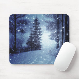 Blue Moonlit Magical Forest Winter Scene Mouse Mat