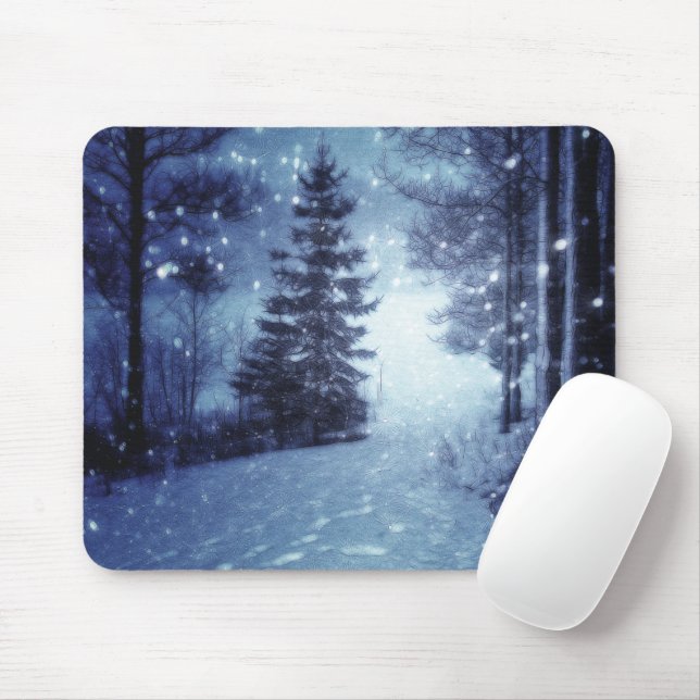 Blue Moonlit Magical Forest Winter Scene Mouse Mat (With Mouse)