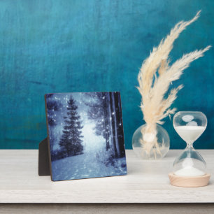 Blue Moonlit Magical Forest Winter Scene Plaque