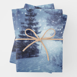 Blue Moonlit Magical Forest Winter Scene Wrapping Paper Sheet