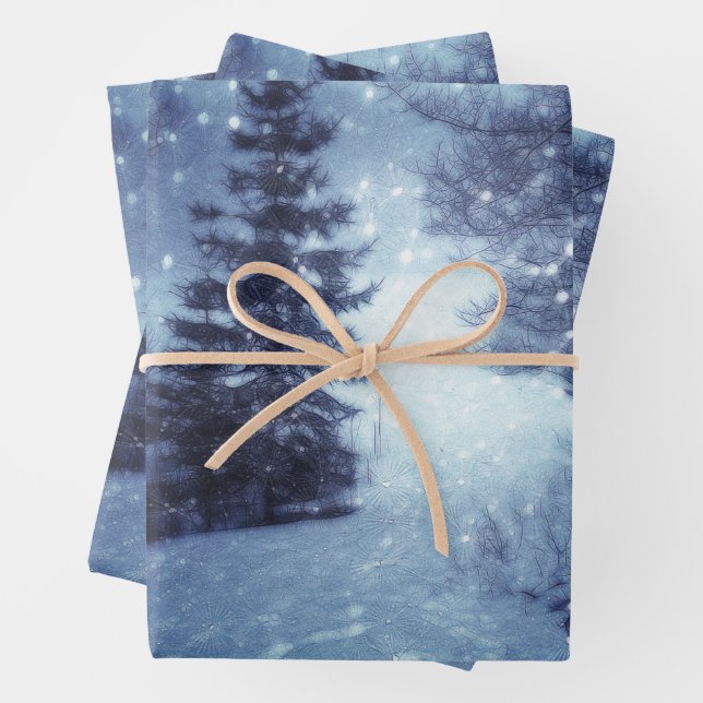 Blue Moonlit Magical Forest Winter Scene Wrapping Paper Sheet (In situ)