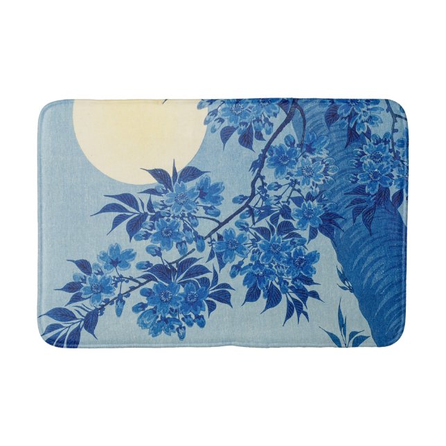 Blue Moonlit Tree: Japanese Cherry Blossom Night Bath Mat (Front)