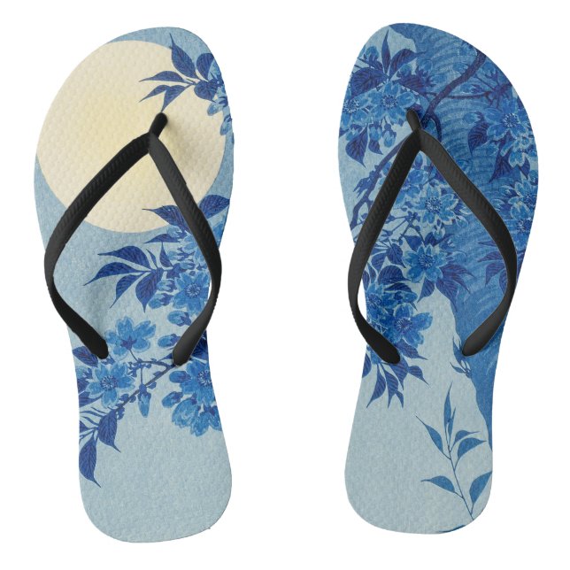 Blue Moonlit Tree: Japanese Cherry Blossom Night Flip Flops (Footbed)